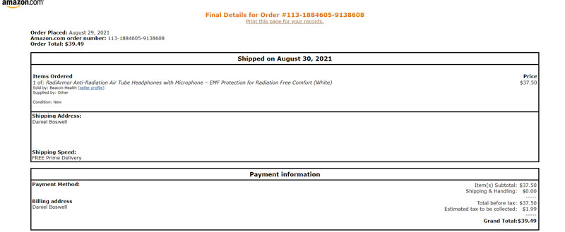 Anti EMF Headphones Receipt from 2021